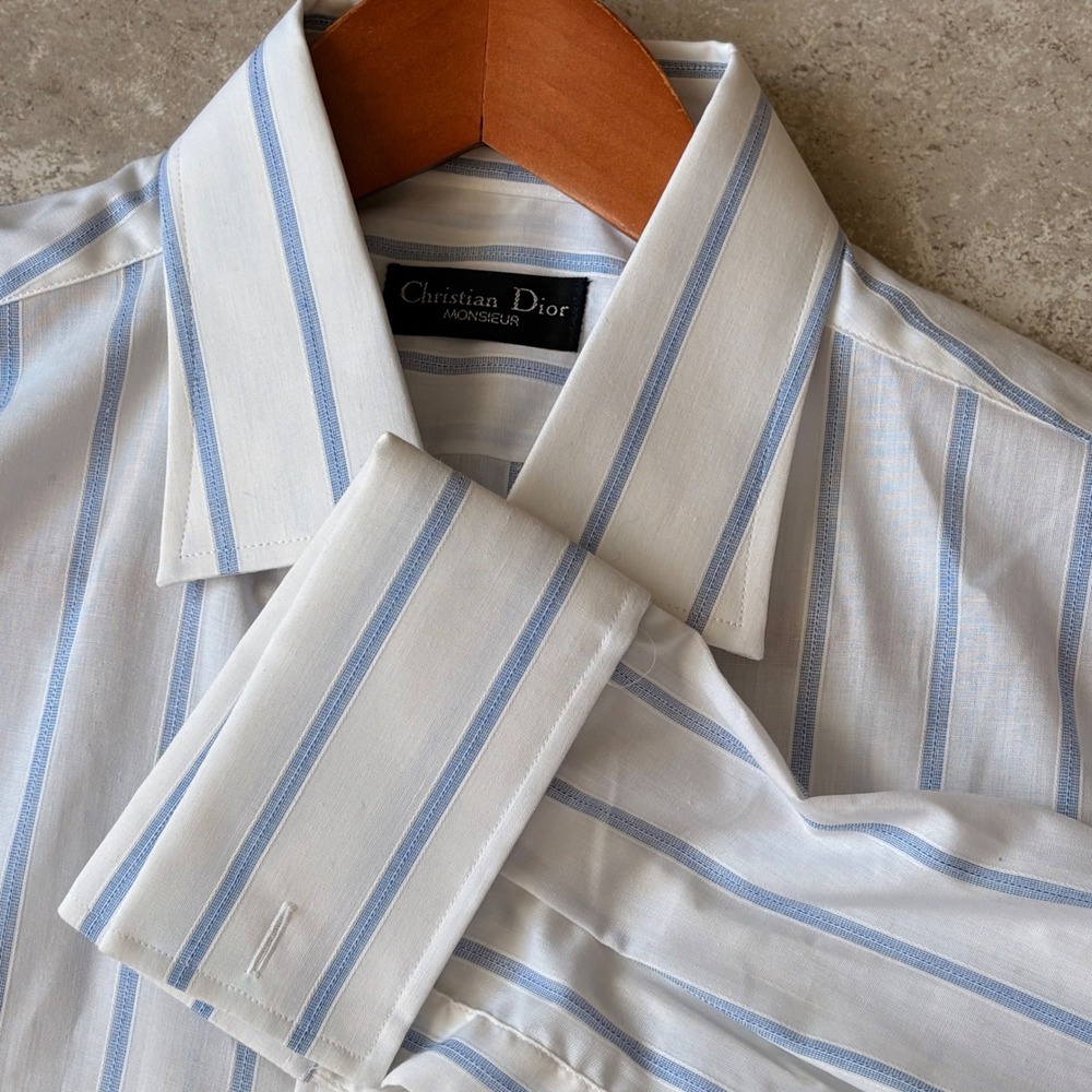 Christian Dior Monsieur Mens Striped Dress Shirt French Cuff Blue White 16 34